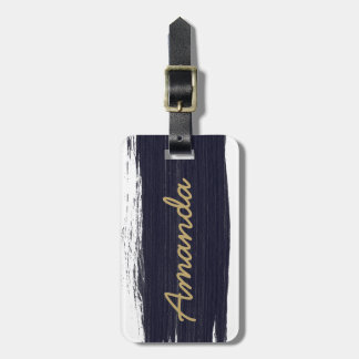 Navy blue white watercolor brushstrokes monogram  luggage tag