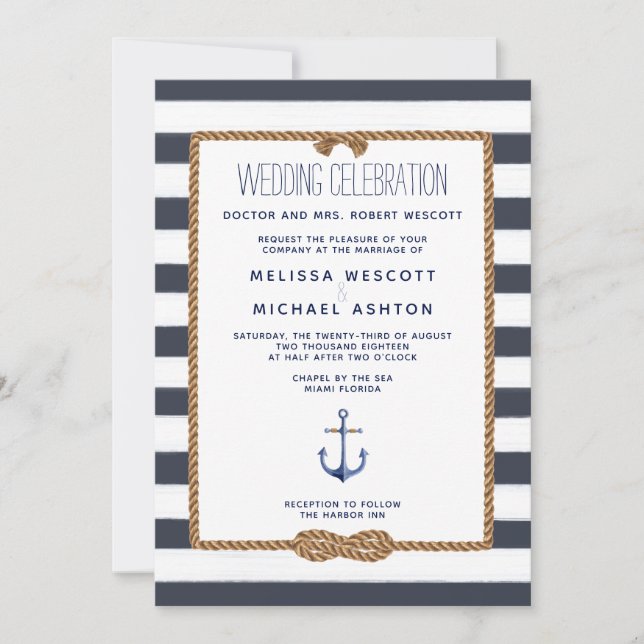 Navy Blue & White Watercolor Nautical Knot Wedding Invitation (Front)