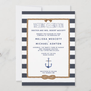 Navy Blue & White Watercolor Nautical Knot Wedding Invitation