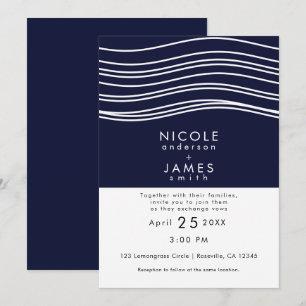 Navy Blue & White Wave Modern Wedding Invitation