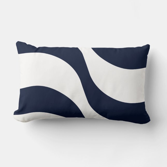 Navy Blue white wave stripe pattern modern Lumbar Cushion (Front)
