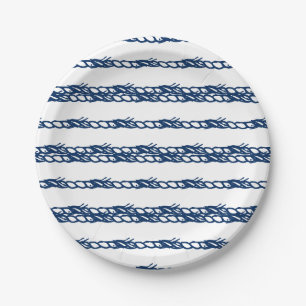 Navy Blue white waves nautical rope party Paper Plate