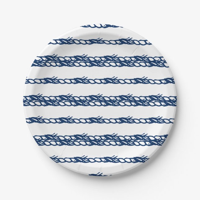 Navy Blue white waves nautical rope party Paper Plate (Front)
