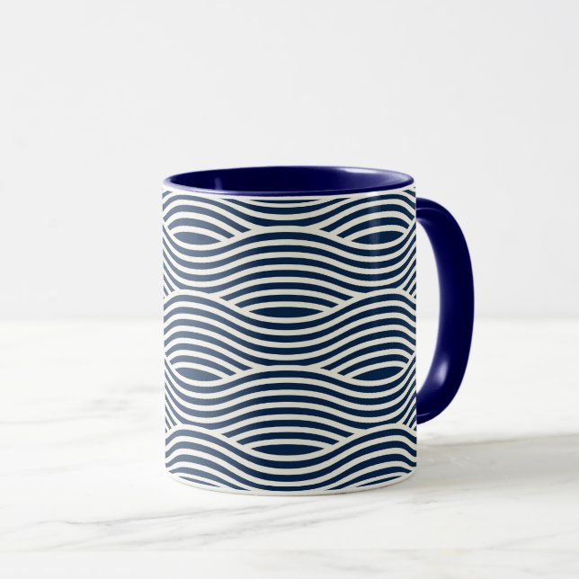 Navy Blue & White Wavy Pattern Mug (Front Right)