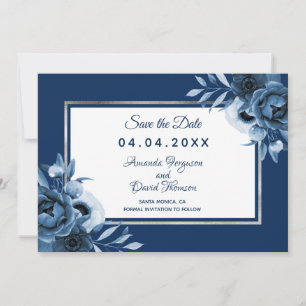 Navy blue white wedding floral Save the Date Announcement