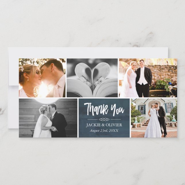 Navy Blue & White Wedding Photo Collage Thank You Card (Front)