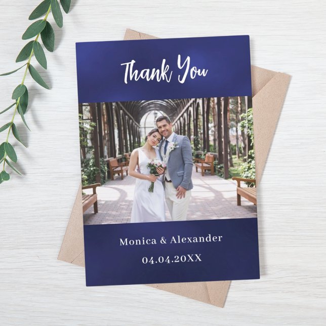 Navy blue white wedding photo thank you card (Creator Uploaded)