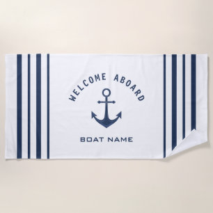 Navy Blue White Welcome Aboard Boat Name Anchor Beach Towel