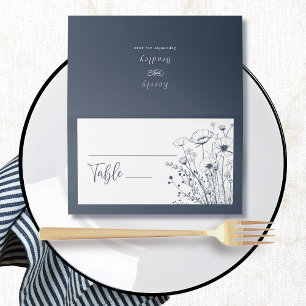 Navy Blue White Wildflower Floral Minimal Bold Place Card