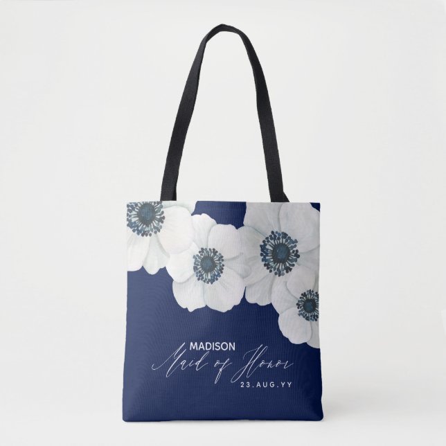 Navy Blue & White Windflower Maid of Honour Tote Bag (Front)