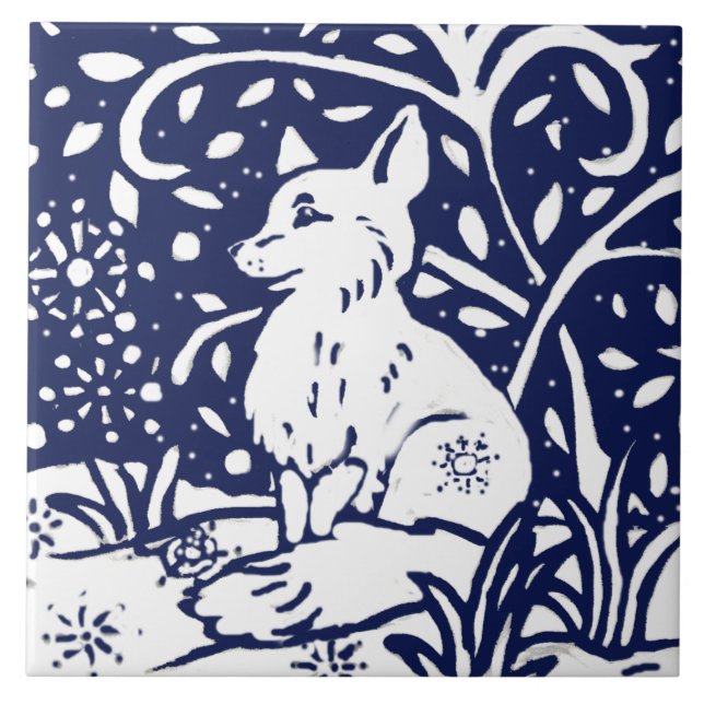 Navy Blue White Winter Fox Woodland Animal Trivet (Front)