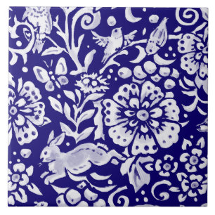 Navy Blue White Woodland MURAL Rabbit Bottom L Tile