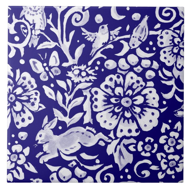  Navy Blue White Woodland MURAL Rabbit Bottom L  Tile (Front)