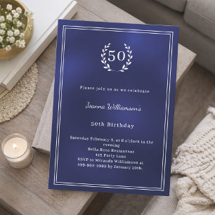 Navy blue white wreath minimalist birthday invitation