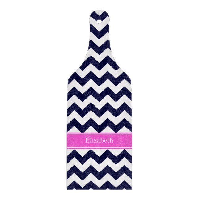 Navy Blue Wht Chevron Hot Pink Name Monogram Cutting Board (Front)