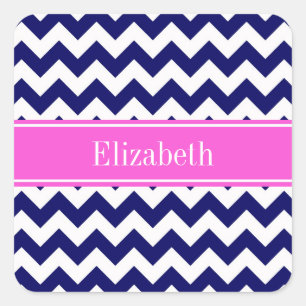 Navy Blue Wht Chevron Hot Pink Name Monogram Square Sticker