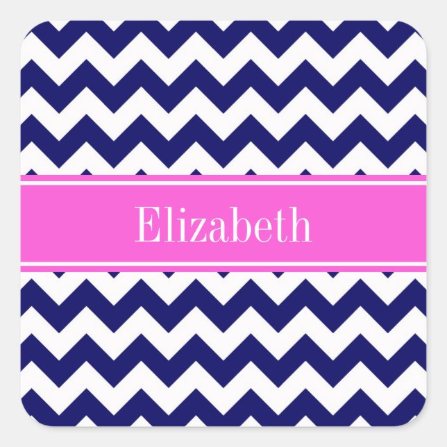 Navy Blue Wht Chevron Hot Pink Name Monogram Square Sticker (Front)