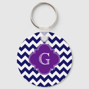 Navy Blue Wht Chevron Purple Quatrefoil Monogram Key Ring