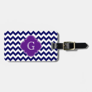 Navy Blue Wht Chevron Purple Quatrefoil Monogram Luggage Tag