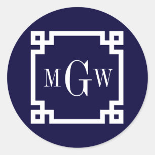 Navy Blue Wht Greek Key #2 Framed 3 Init Monogram Classic Round Sticker
