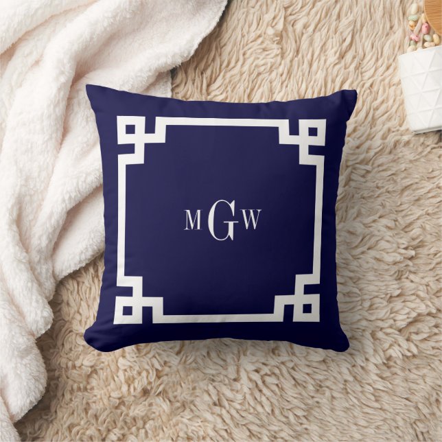 Navy Blue Wht Greek Key #2 Framed 3 Init Monogram Cushion (Blanket)