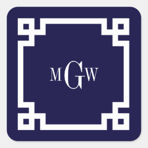 Navy Blue Wht Greek Key #2 Framed 3 Init Monogram Square Sticker