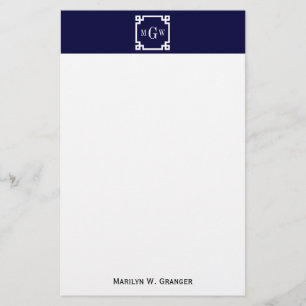 Navy Blue Wht Greek Key #2 Framed 3 Init Monogram Stationery