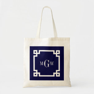 Navy Blue Wht Greek Key #2 Framed 3 Init Monogram Tote Bag