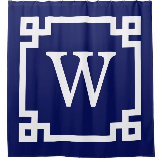 Navy Blue Wht Greek Key #2 Framed Initial Monogram Shower Curtain (Front)