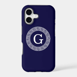 Navy Blue Wht Greek Key Rnd Frame Initial Monogram