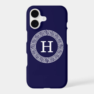 Navy Blue Wht Greek Key Rnd Frame Initial Monogram