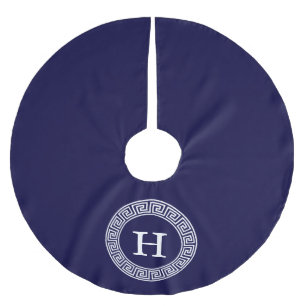 Navy Blue Wht Greek Key Rnd Frame Initial Monogram Brushed Polyester Tree Skirt