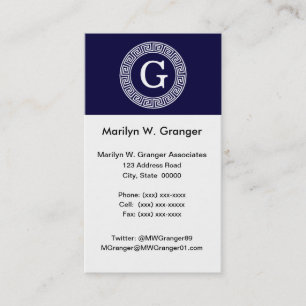 Navy Blue Wht Greek Key Rnd Frame Initial Monogram Business Card