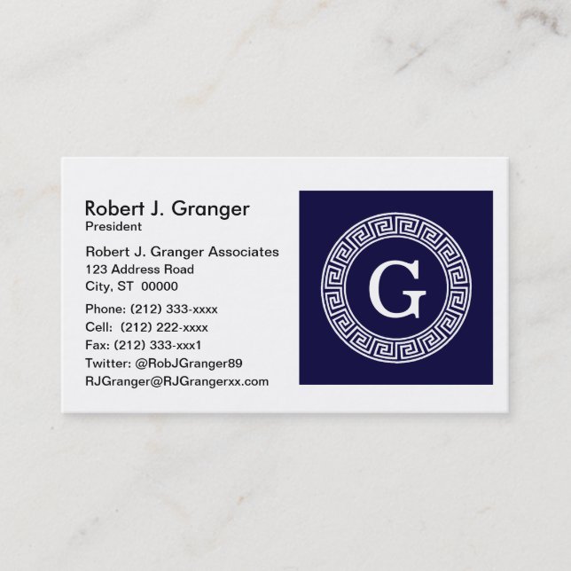 Navy Blue Wht Greek Key Rnd Frame Initial Monogram Business Card (Front)