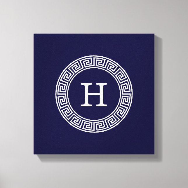 Navy Blue Wht Greek Key Rnd Frame Initial Monogram Canvas Print (Front)