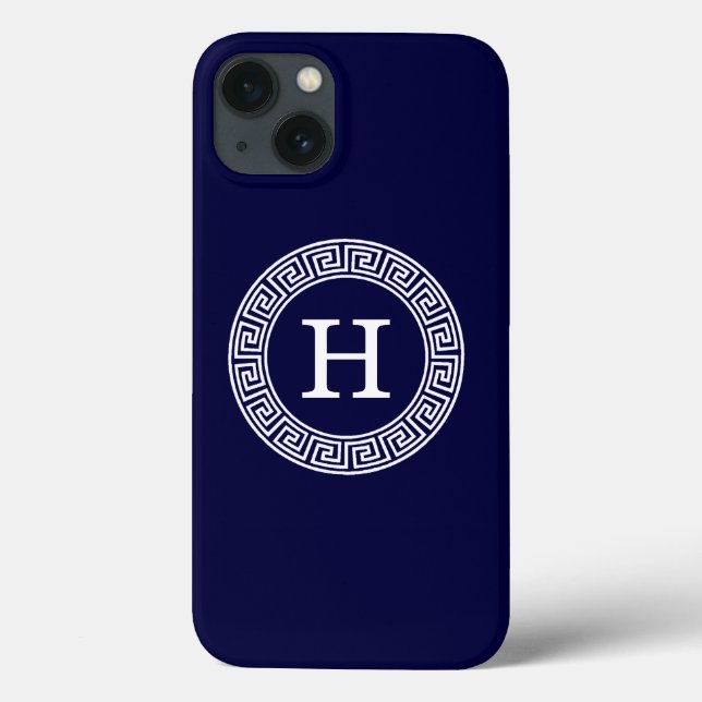 Navy Blue Wht Greek Key Rnd Frame Initial Monogram Case-Mate iPhone Case (Back)