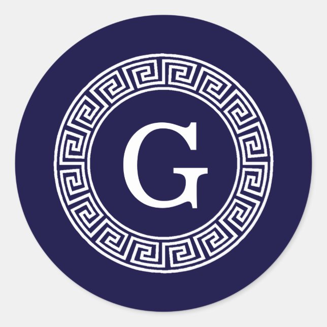 Navy Blue Wht Greek Key Rnd Frame Initial Monogram Classic Round Sticker (Front)