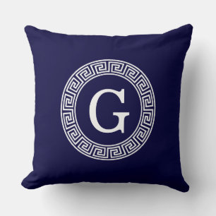 Navy Blue Wht Greek Key Rnd Frame Initial Monogram Cushion