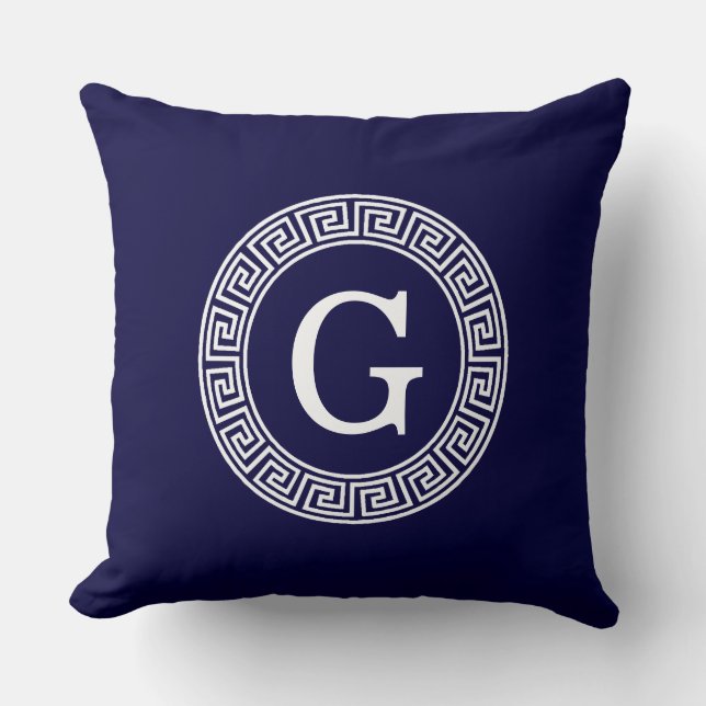 Navy Blue Wht Greek Key Rnd Frame Initial Monogram Cushion (Front)