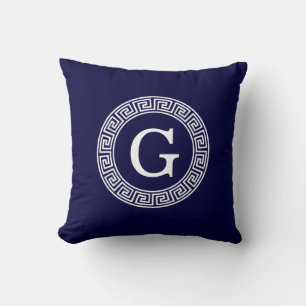 Navy Blue Wht Greek Key Rnd Frame Initial Monogram Cushion