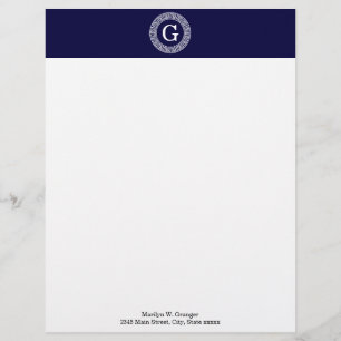 Navy Blue Wht Greek Key Rnd Frame Initial Monogram Customised Letterhead