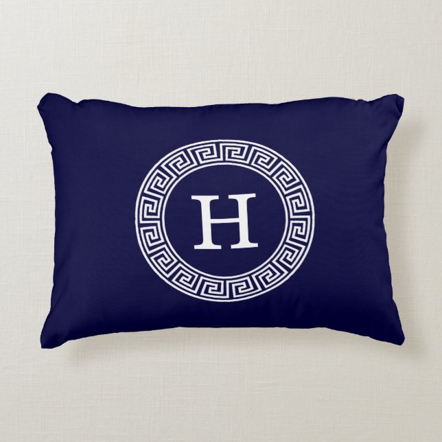 Navy Blue Wht Greek Key Rnd Frame Initial Monogram Decorative Cushion (Front)