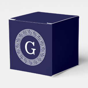 Navy Blue Wht Greek Key Rnd Frame Initial Monogram Favour Box