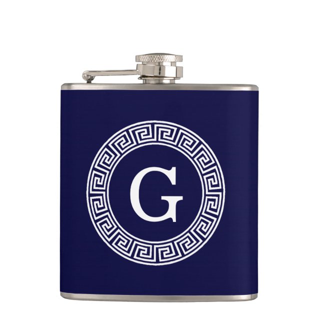 Navy Blue Wht Greek Key Rnd Frame Initial Monogram Hip Flask (Front)