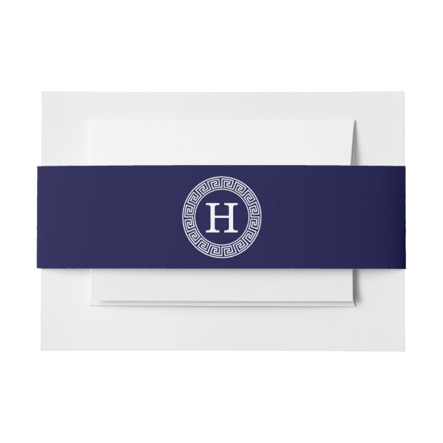 Navy Blue Wht Greek Key Rnd Frame Initial Monogram Invitation Belly Band (Front Example)