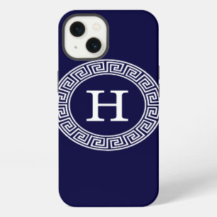 Navy Blue Wht Greek Key Rnd Frame Initial Monogram iPhone 13 Case
