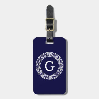 Navy Blue Wht Greek Key Rnd Frame Initial Monogram Luggage Tag