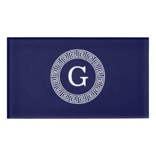 Navy Blue Wht Greek Key Rnd Frame Initial Monogram Name Tag