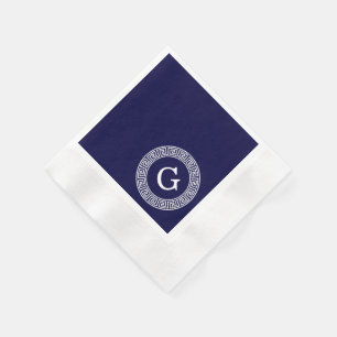 Navy Blue Wht Greek Key Rnd Frame Initial Monogram Napkin