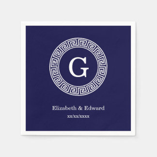 Navy Blue Wht Greek Key Rnd Frame Initial Monogram Napkin